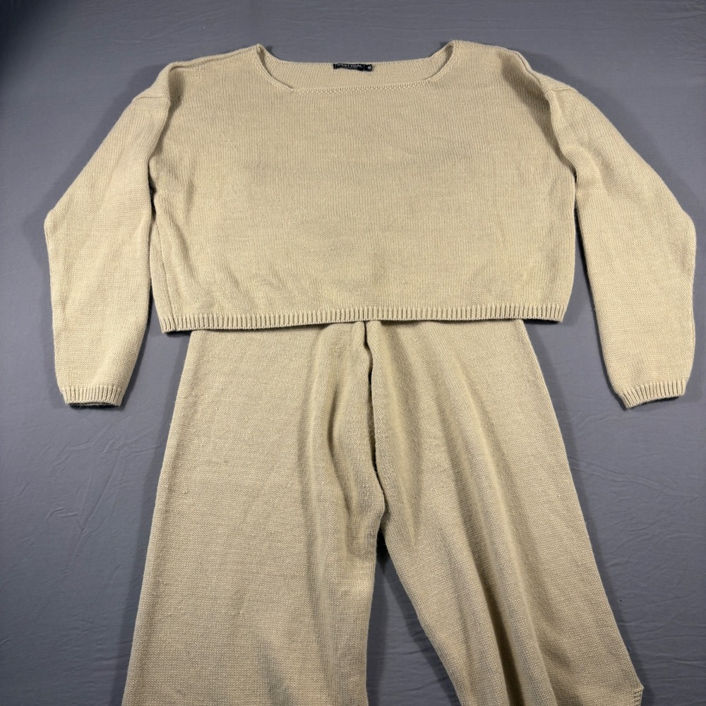 Nasty Gal Women Beige Knit 2 Piece Lounge Set Crop Sweater Wide Leg Pants Size M